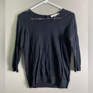 LOFT Elegant Black Knit Blouse with Lace Peter Pan Collar